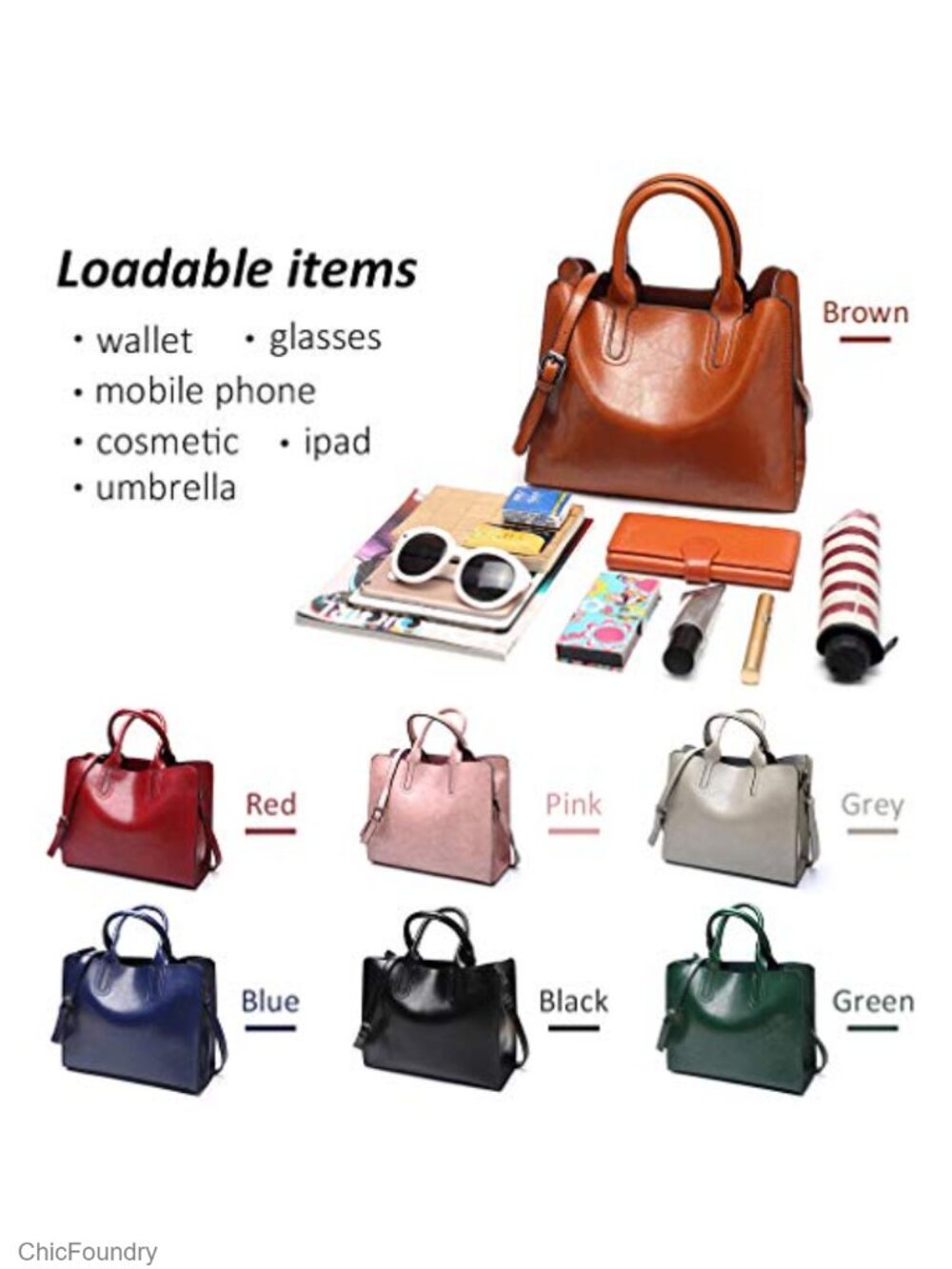 Large Faux Leather Tote Bag, Work Shoulder Purse with Zipper Closure and - Picture 2 of 6
